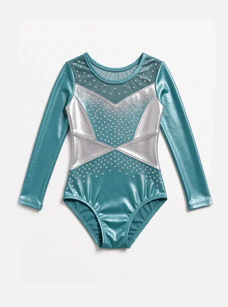 Bespoke competition gymnastics leotard flatlay with crystal rhinestone detailing