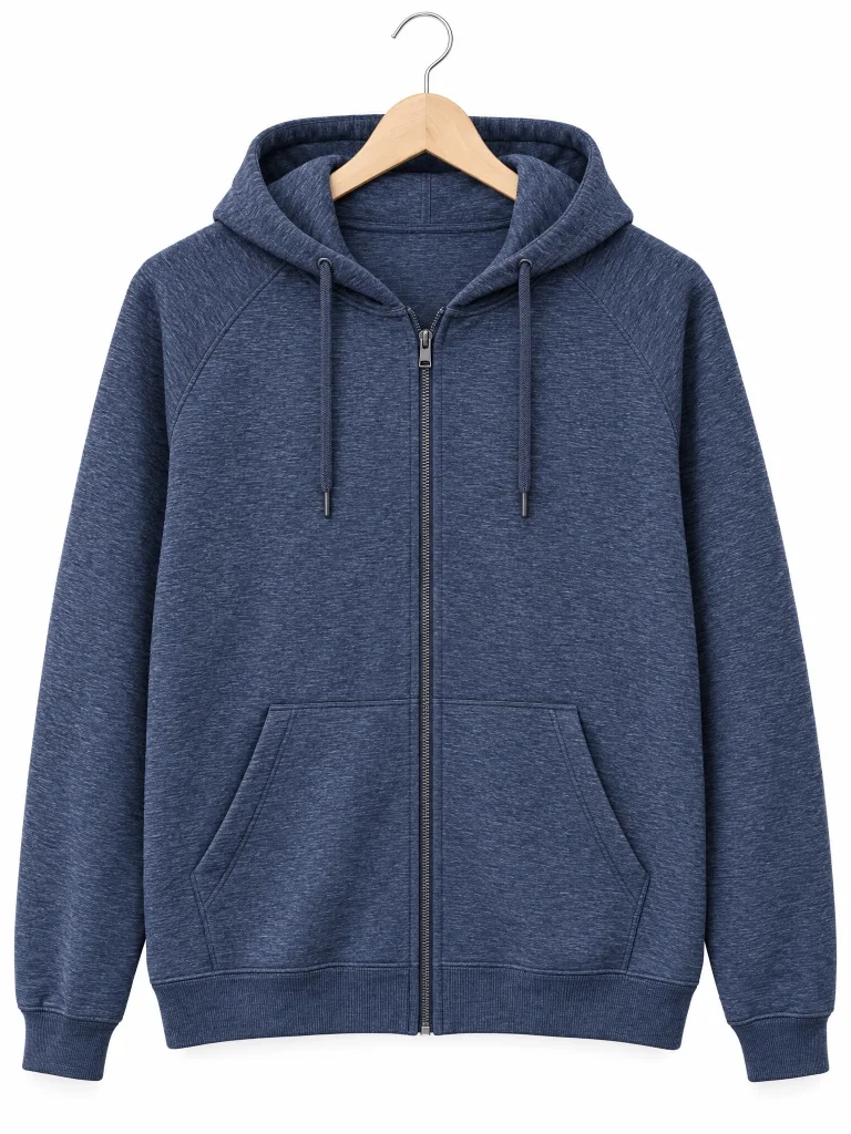 Athletic zip-up hoodie showing garment details for private label sportswear development