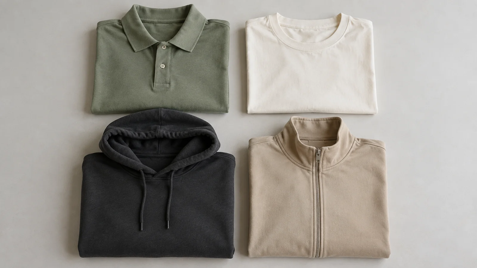 Folded sage polo, ivory T-shirt, charcoal hoodie and sand zip jacket on a plain neutral background