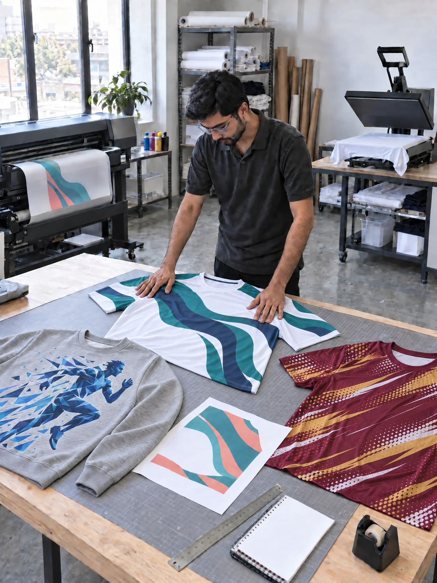 Worker inspecting printed sportswear beside a sublimation printer and heat press