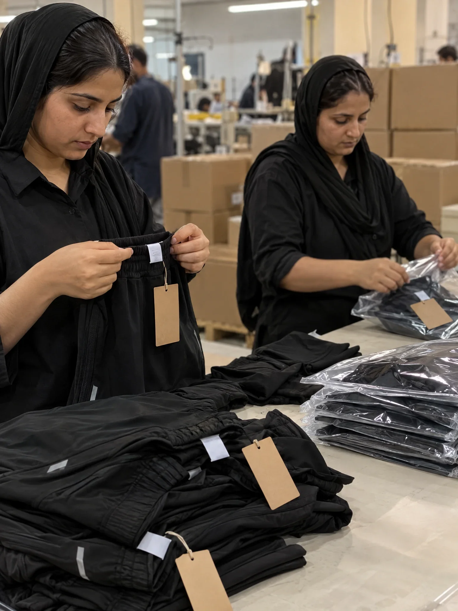 Finished white label sportswear branded with custom labels and packaging